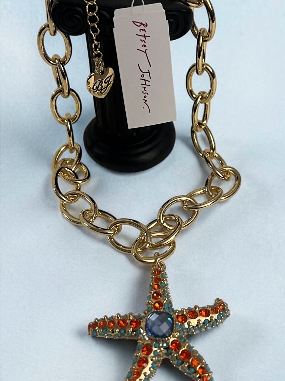 Betsey Johnson Gold-Tone Chain Necklace with Orange & Aqua Starfish Pendant - Picture 3 of 16